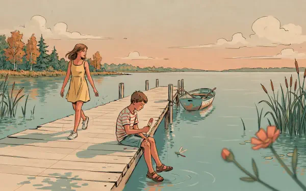 End-of-summer 4K Ultra HD PC desktop wallpaper and background: girl strolling and boy reading on a wooden dock, small boat tied at the shore, warm sunset over a tranquil lake.