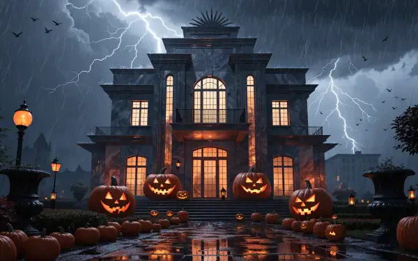 2K Quad HD PC desktop wallpaper: haunted mansion at night with glowing jack-o'-lanterns on the steps, stormy sky and lightning, moody Halloween aesthetic.