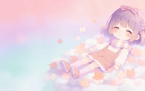 Pastel 4K Ultra HD PC desktop wallpaper of a cute anime girl sleeping on a pile of fall leaves, wearing a scarf and bow, surrounded by soft pink and mint tones.