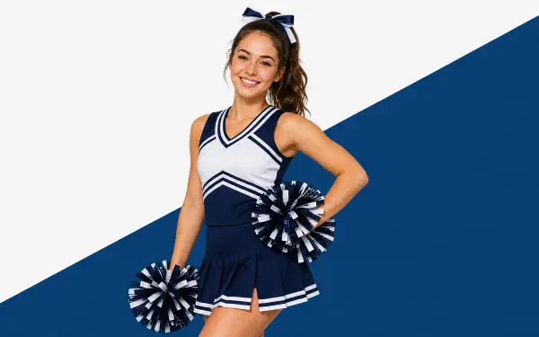 Smiling cheerleader in navy-white Pom-Pom (Honkai: Star Rail) cheerleading uniform holding pom-poms against a diagonal blue-and-white 4K Ultra HD PC desktop wallpaper background.