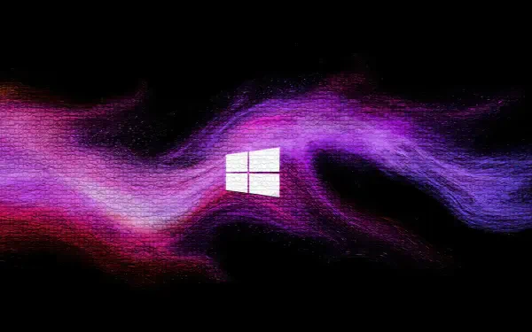 Windows 11 Microsoft 4K Ultra HD PC desktop wallpaper: white Windows logo centered amid swirling purple and pink smoke on a black background.