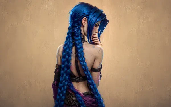 4K Ultra HD digital art PC wallpaper of Jinx (League of Legends): back view with long electric-blue braids, looking over her shoulder against a muted beige background.