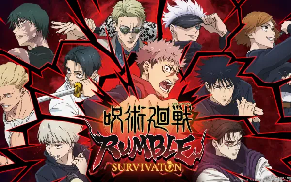 Jujutsu Kaisen 4K Ultra HD PC desktop wallpaper and background poster featuring Yuji Itadori and the anime ensemble in a dynamic red-black collage with the 'RUMBLE: SURVIVATION' logo.