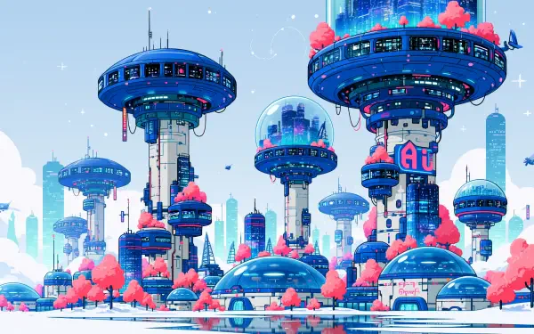Vibrant sci‑fi cityscape of floating disc towers, glass domes and pink trees beneath a bright blue sky — futuristic city 2K Quad HD PC desktop wallpaper.