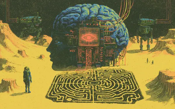 Sci-fi 2K Quad HD PC desktop wallpaper: cybernetic brain-head with circuitry and cables looming over a desert maze, lone astronaut and hovering drones.