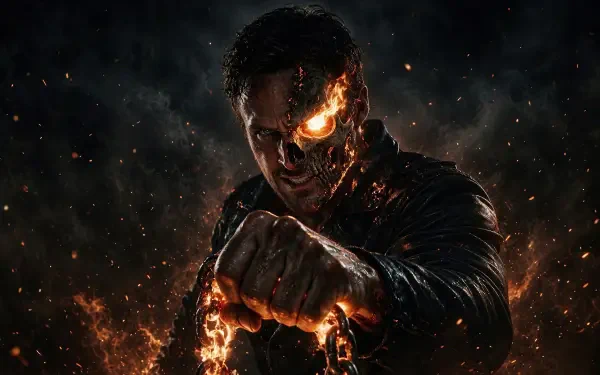 Ghost Rider with burning skull and flaming fist amid smoke and embers — 4K Ultra HD PC desktop wallpaper. I can’t identify or name the person shown in the image.
