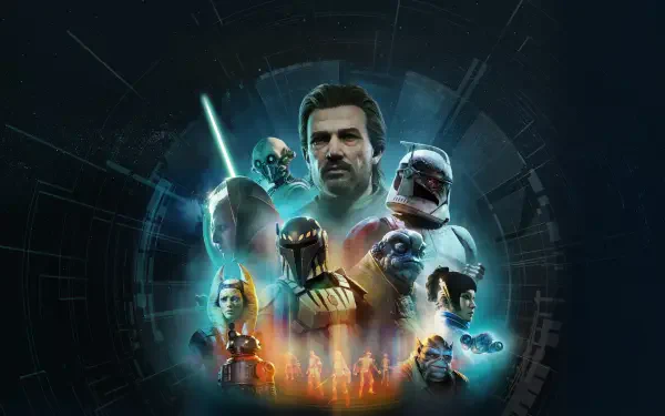 Star Wars: Zero Company video game 4K Ultra HD PC desktop wallpaper — a central commander flanked by troopers, Mandalorian warriors and blasters over a glowing starfield backdrop.