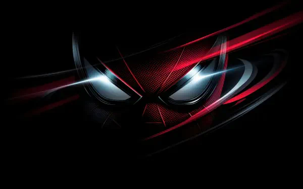 4K Ultra HD PC desktop wallpaper of Miles Morales' mask emerging from a black, dark background with glowing white eyes and red webbing streaks.