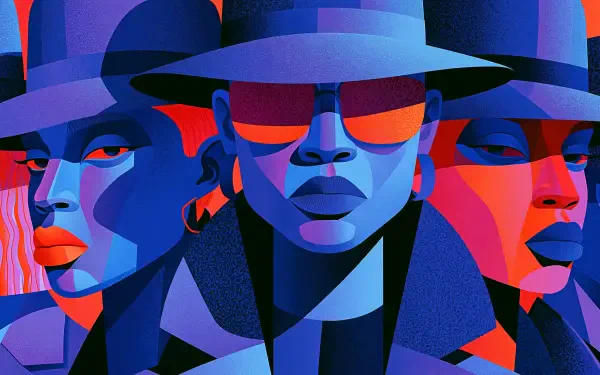 Vibrant stylized portrait of three faces wearing wide-brim hats in bold blue, red and purple tones, high-contrast 2K Quad HD PC desktop wallpaper and background.