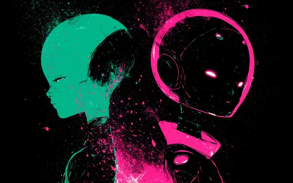 2K Quad HD PC Desktop Wallpaper and Background: neon portrait silhouettes back-to-back — teal human face left, pink helmeted face right on a black, splattered backdrop.