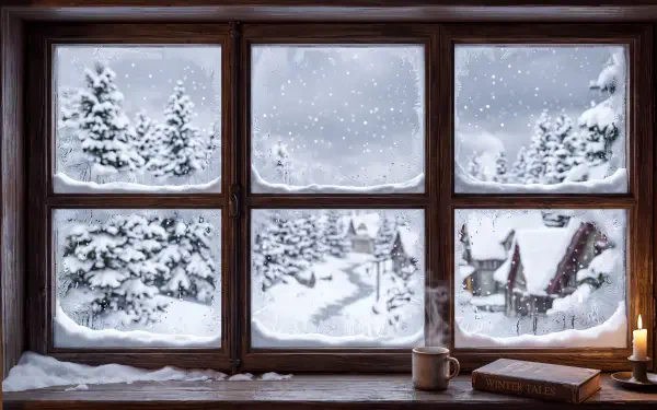 Snow-dusted window framing a winter scene of fir trees, cottages and falling snow; 5K Ultra HD PC desktop wallpaper and background.