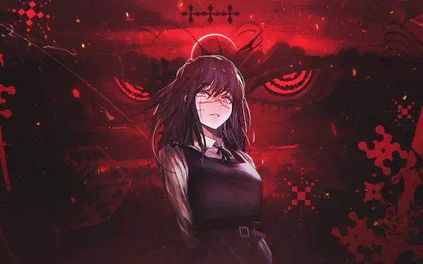 HD PC desktop wallpaper of a Chainsaw Man anime character: dark-haired, blushing woman before a looming red-eyed demonic face in detailed anime art against a blood-red, smoky background.