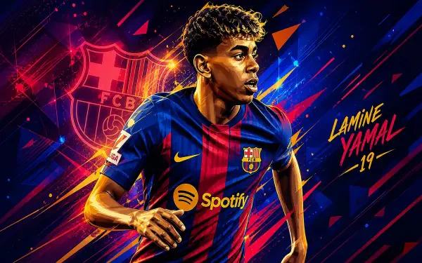 4K Ultra HD PC desktop wallpaper showing a dynamic soccer player in an FC Barcelona kit sprinting across a neon-lit sports background with the club crest and bold graphic accents.