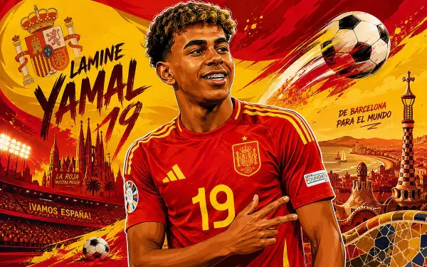 4K Ultra HD PC wallpaper: Spanish soccer player in red #19 jersey smiling with hand on chest, dynamic sports background featuring Barcelona skyline and a flying soccer ball.