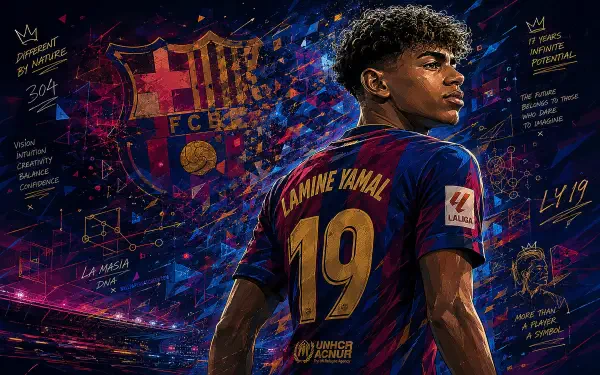 4K PC wallpaper of an FC Barcelona soccer player in #19 jersey glancing over his shoulder, club crest amid vibrant stadium lights and dynamic, colorful sports graphics.