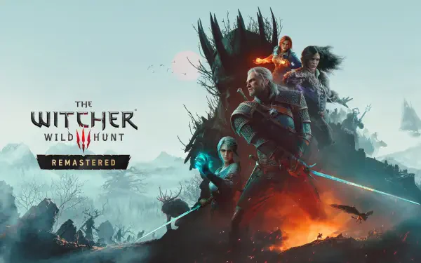 The Witcher 3: Wild Hunt Remastered 4K Ultra HD PC wallpaper — Geralt, Ciri and allies stand amid fire and mist as spectral riders of the Wild Hunt loom in the distance.