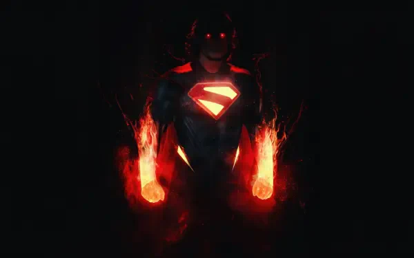 4K Ultra HD PC desktop wallpaper of Superman: shadowed hero with glowing red S-emblem and fiery hands breaking from darkness.