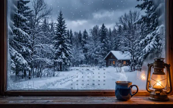 5K Ultra HD PC desktop wallpaper: February 2027 calendar overlay on a snowy winter cabin scene, viewed from a window with a glowing lantern and a mug on the sill.