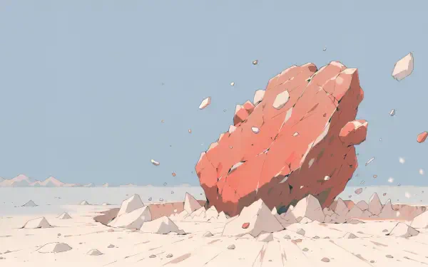 4K Ultra HD PC desktop wallpaper of a red meteorite boulder in a barren desert, asteroid fragments and dust scattering around.