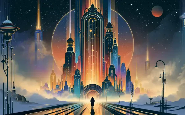 2K Quad HD PC desktop wallpaper: futuristic sci-fi city of towering skyscrapers, glowing arches and moons, lone figure standing on a reflective avenue toward the skyline.