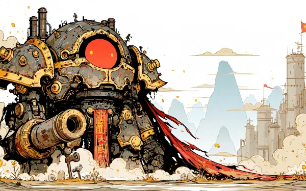 Sci-fi giant mecha robot with brass steampunk armor and a flowing red banner, looming over a cityscape — 2K Quad HD PC desktop wallpaper/background.