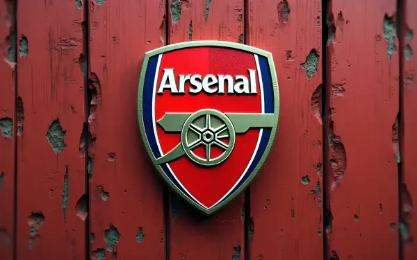 Arsenal F.C. crest centered on worn red wooden planks — soccer club logo as a 4K Ultra HD PC desktop wallpaper and sports background.