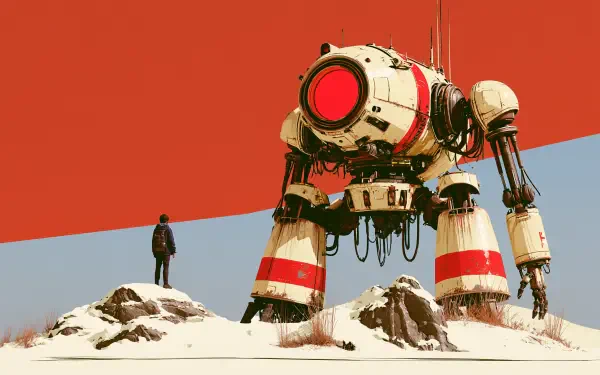 Sci-fi mecha robot stands on snowy rocks beside a lone figure beneath a red sky — high-detail 2K Quad HD PC desktop wallpaper/background.