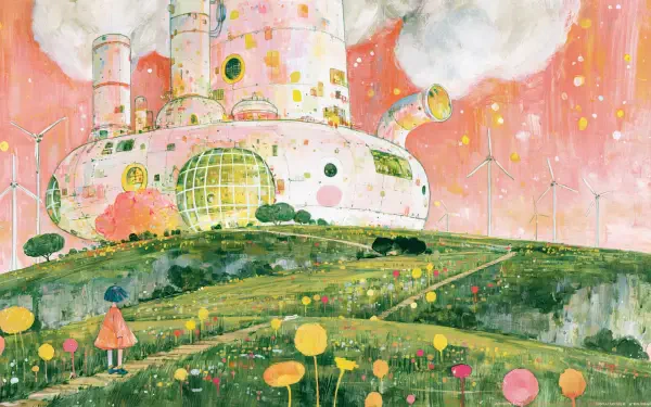 Whimsical fantasy castle building on a grassy, flower-dotted landscape beneath a pink, cloud-speckled sky — 2K Quad HD PC desktop wallpaper and background.