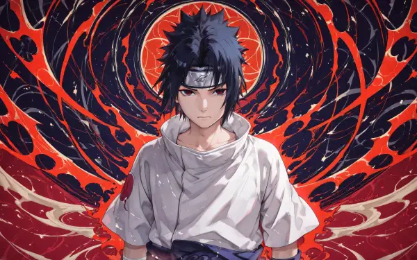 4K Ultra HD PC desktop wallpaper: Sasuke Uchiha (Naruto) stands stoic in white, Sharingan eyes glowing against a crimson and black swirling chakra vortex background.