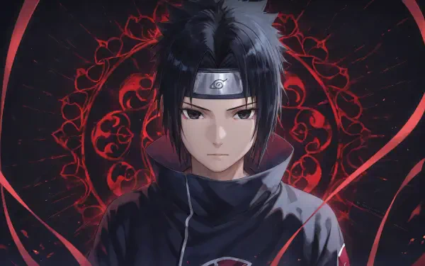 Sasuke Uchiha (Naruto) 4K Ultra HD desktop wallpaper: close-up with forehead protector and dark cloak, intense gaze, red Sharingan motifs swirling against a black background.