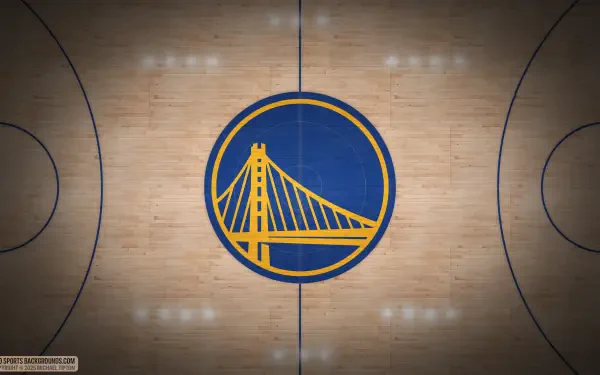 Golden State Warriors logo at center court on an NBA hardwood basketball floor — 4K Ultra HD PC desktop wallpaper.