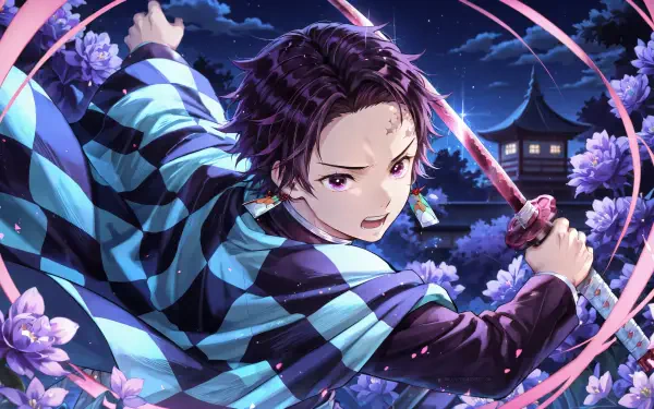 Tanjiro Kamado in action, sword drawn amid moonlit cherry blossoms and a distant pagoda — vivid 4K Ultra HD anime PC desktop wallpaper background.