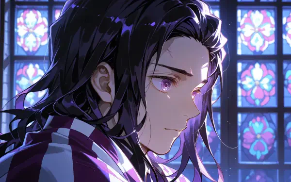 Anime close-up of Tanjiro Kamado gazing sideways, purple highlights and a tearful glint against a stained-glass window; 4K Ultra HD PC desktop wallpaper.