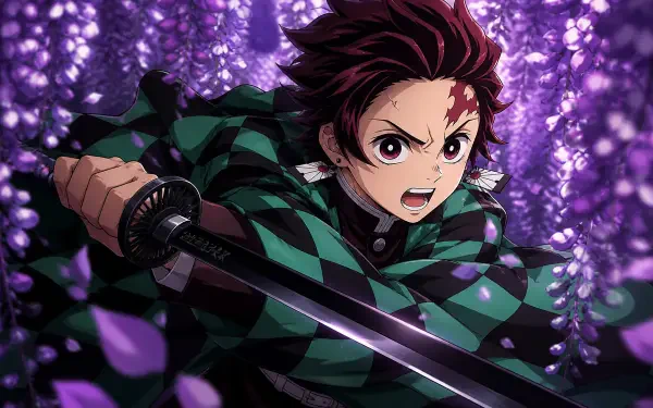 Tanjiro Kamado (Anime) charging with sword beneath glowing purple wisteria, vivid 4K Ultra HD PC desktop wallpaper and background.