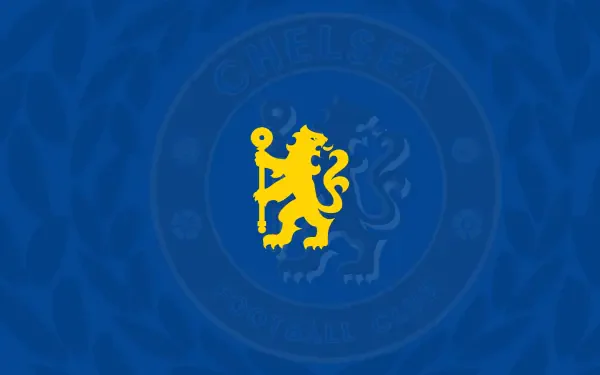 Chelsea F.C. yellow lion logo centered on deep blue 2K Quad HD PC desktop wallpaper with faint crest watermark and subtle wave-textured background.