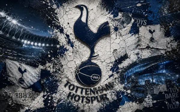 Tottenham Hotspur F.C. logo and crest in grunge navy-white design with stadium lights — 4K Ultra HD PC desktop wallpaper/background