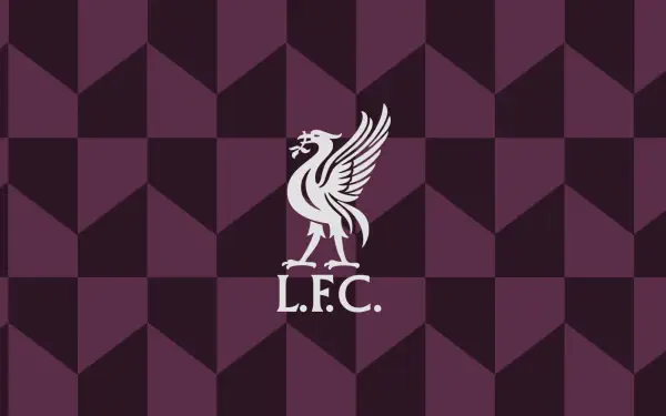 White Liverpool F.C. liver bird crest with L.F.C. centered on a maroon geometric pattern, 2K Quad HD PC desktop wallpaper background.