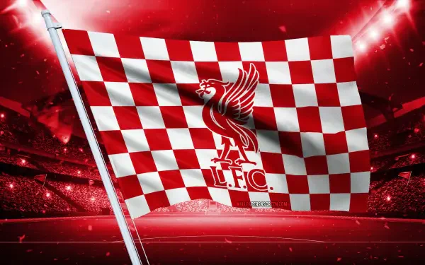 4K Ultra HD PC desktop wallpaper: red-and-white checkered flag bearing the Liverpool F.C. Liver bird logo waving above a lit stadium background.