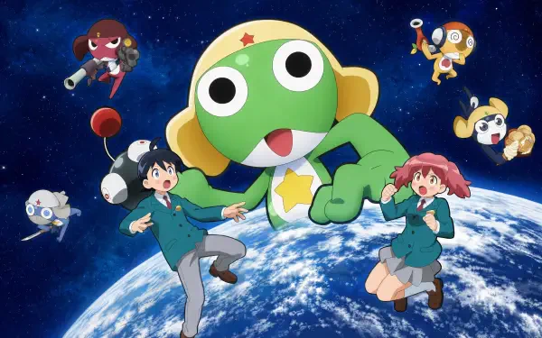 4K Ultra HD PC desktop wallpaper of Sgt. Frog (Keroro) anime cartoon alien and friends floating above Earth with two schoolchildren in uniforms against a starry space backdrop.