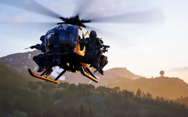 WARDOGS Team17 4K Ultra HD PC desktop wallpaper — a military helicopter hovers over a forested valley at sunrise with armed soldiers aboard.
