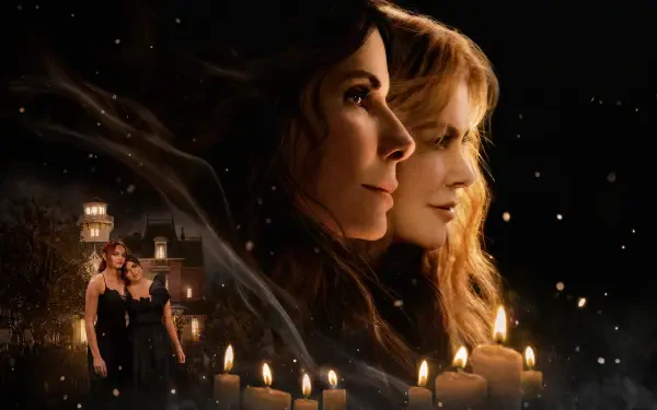 4K Ultra HD PC desktop wallpaper for Practical Magic 2: two women in profile portrait bathed in candlelight, an eerie mansion in the background and wisps of ethereal smoke.