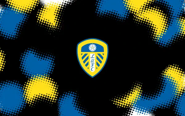 Leeds United F.C. logo centered on black background with blue and yellow halftone splashes — 2K Quad HD PC desktop wallpaper and background.