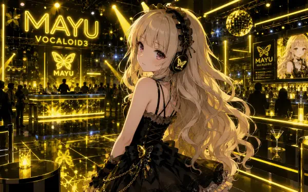 Mayu (Vocaloid) anime girl in black lace dress with headphones on a glowing gold neon stage; 4K Ultra HD PC desktop wallpaper and background.