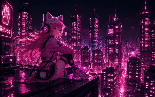 Nekomura Iroha anime sits on a rain-soaked rooftop with cat headphones, overlooking a neon pink cyberpunk skyline — 4K Ultra HD PC desktop wallpaper and background