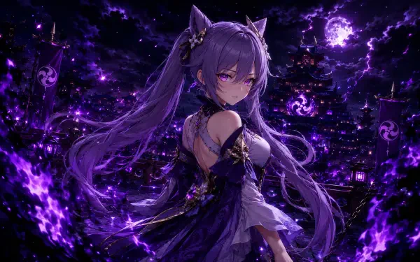 Anime-style 4K Ultra HD PC wallpaper of Keqing (Genshin Impact): purple-haired, cat-eared figure amid swirling violet electro energy.