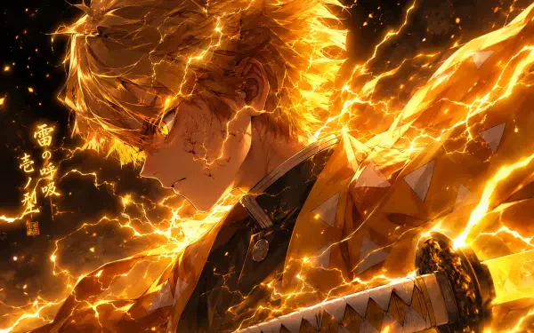 Zenitsu Agatsuma anime 4K Ultra HD PC wallpaper: profile portrait with blazing golden lightning engulfing him and his sword against a dark, fiery backdrop.