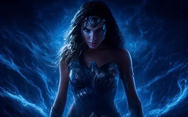 Digital art of Wonder Woman in armor, standing amid crackling blue lightning, intense gaze — 4K Ultra HD PC desktop wallpaper and background.