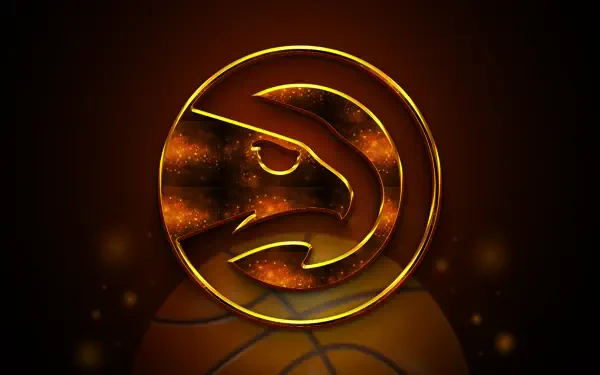 Atlanta Hawks NBA 4K Ultra HD PC desktop wallpaper: glowing gold Hawks logo above a basketball on a dark, fiery background.