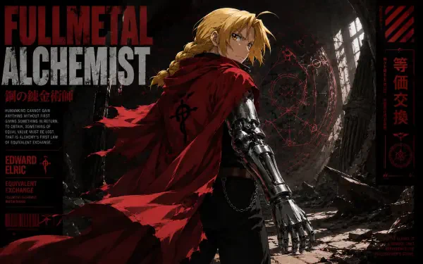 Edward Elric from Fullmetal Alchemist in a ruined hall, red coat billowing and automail arm extended; 4K Ultra HD anime PC desktop wallpaper/background.