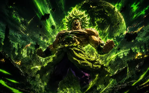 Broly (Dragon Ball) roaring with a massive green energy aura, muscles bulging as shards of power swirl — dramatic 4K Ultra HD anime PC desktop wallpaper.